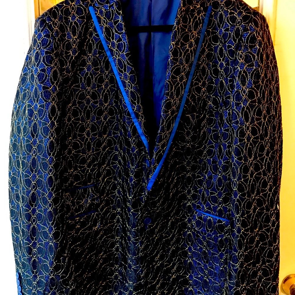 Stylish Blue Martini suit jacket. Sz. XxL, blue and gold with blue trim.
